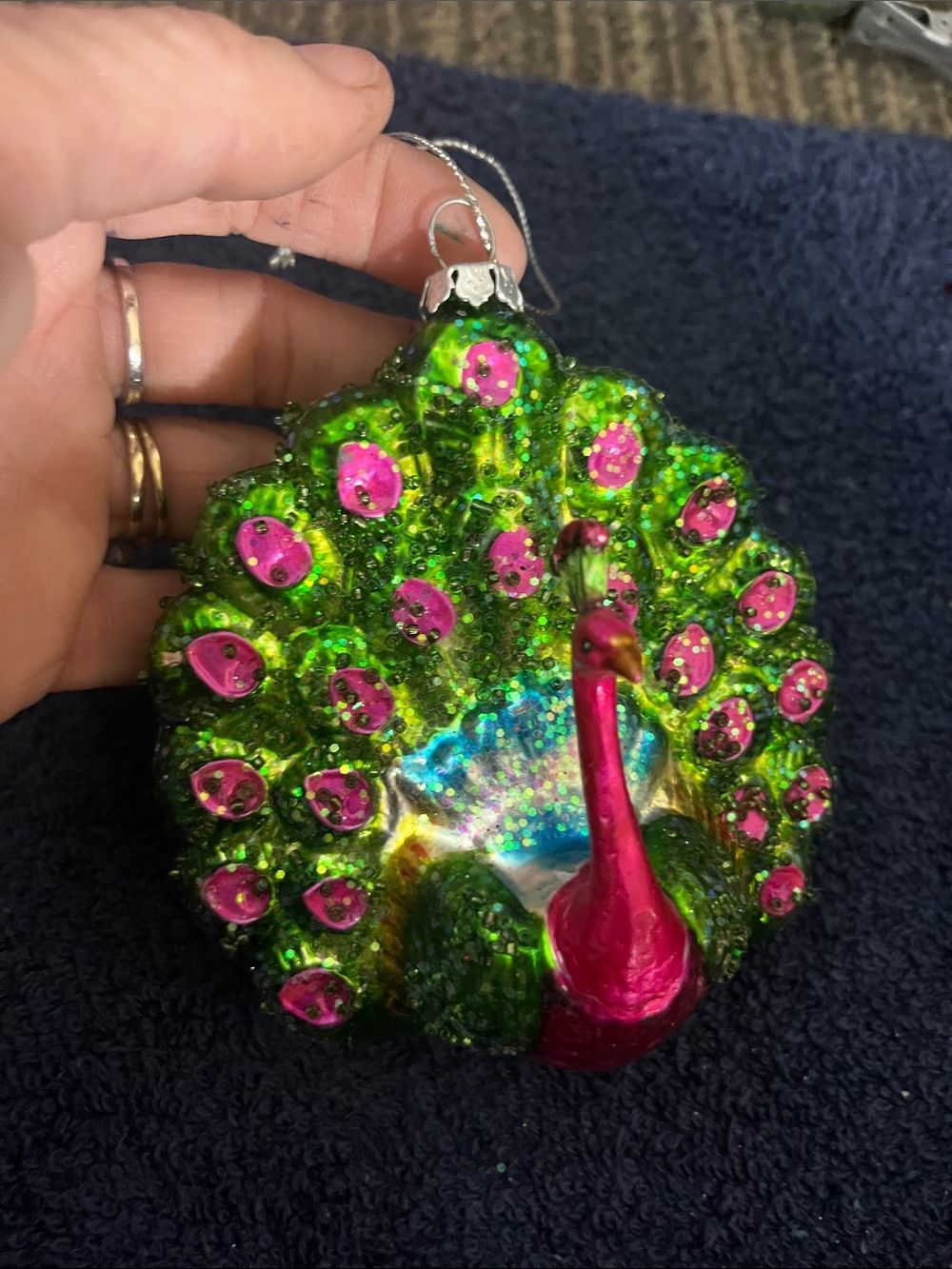 Vintage Vibrant Peacock Holiday Ornament - Green & Pink Rauch